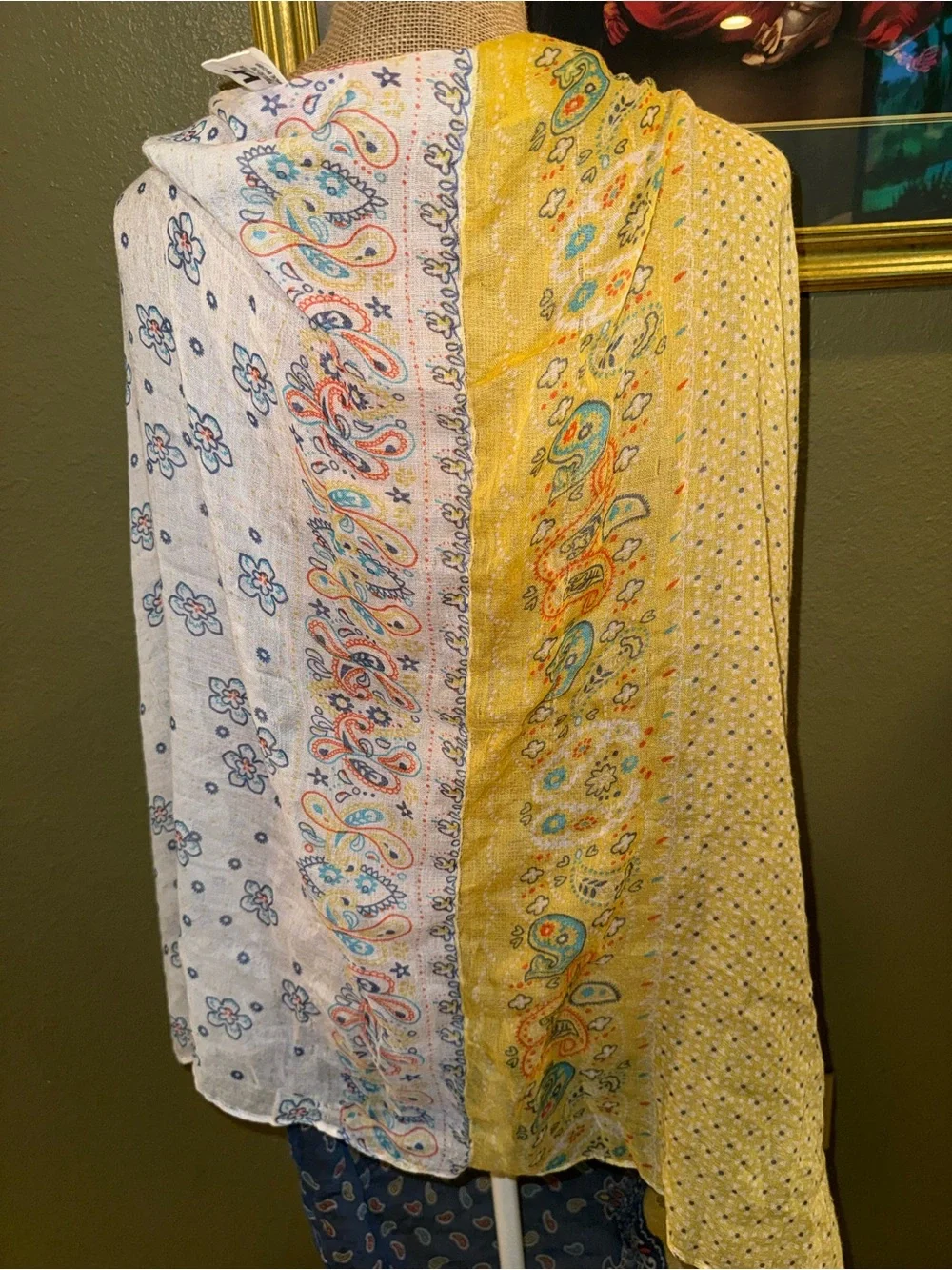Boho Patchwork infinity Scarf in Yellow, White & Navy